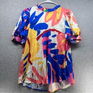 JODIFL Colorblock Tropical Puff-Sleeve Blouse in Blue, Yellow, Pink & White
